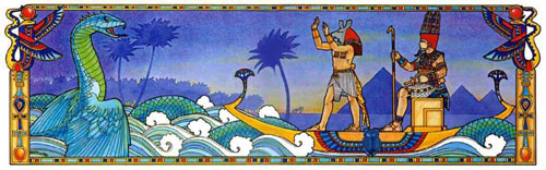 Каждый день пересекал небо Египта Ра в своей лодке. Его гиеноголовый страж Сет отгонял прочь дракона Апопа, правителя темного царства, стремившегося пожрать светоносного бога. Artwork by Kinuko Y. Craft. Взято с сайта Гнездо дракона