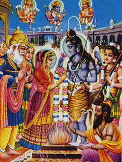 Бракосочетание Шивы и Парвати, над ними появляются их дети - Маруты